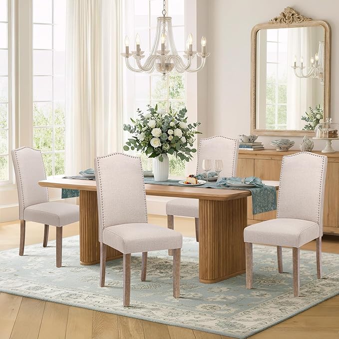 Upholstered Dining Chair Modern Stylish Parsons Kitchen Diner High Back with Silver Nailhead Trim & Wood Legs, Set of 2, Fabric Beige