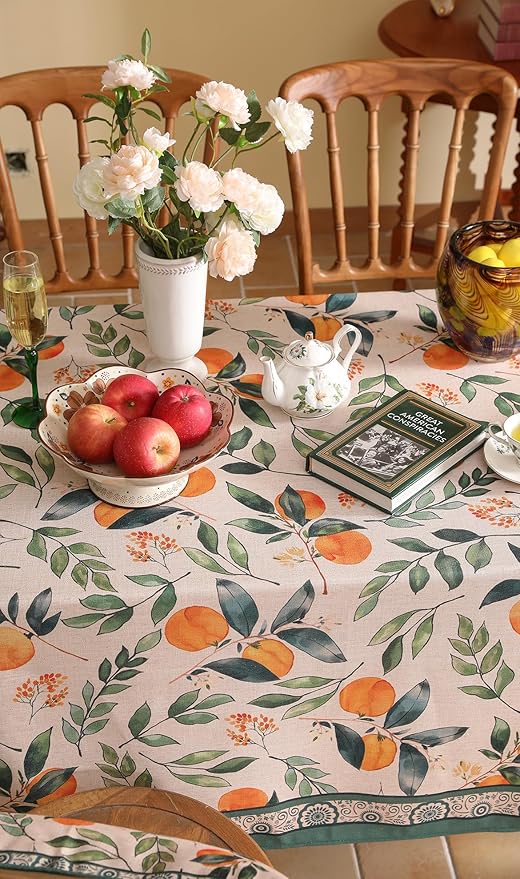 patdrea Designer Vintage Linen Rectangle Table Cloth,Framhouse Oranges and Leaves Pattern French Tablecloth,Fall Decor Cover for Kitchen Dining Christmas,Thanksgiving,63"x87"-Palladin a