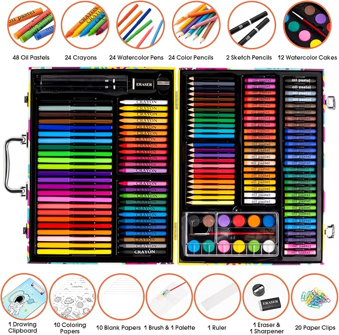 Art Supplies, 180 Pack Drawing Painting Set for Kids Girls Boys Teens, Coloring Art Kit Gift Case with Clipboard, Coloring Papers, Oil Pastels, Crayons, Colored Pencils, Watercolor Cakes, Markers