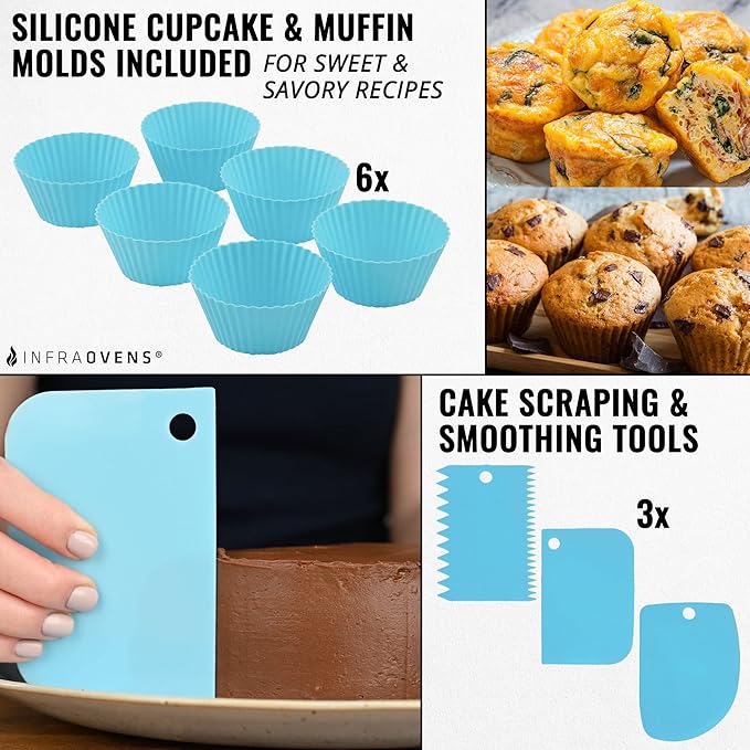 Air Fryer Toaster Oven Baking Pan Set Compatible with Cuisinart, Ninja Foodi, Breville, Emeril Lagasse, Bakeware Set Cupcake Liners & Kitchen Conversion Chart, Nonstick Round Cake Molds