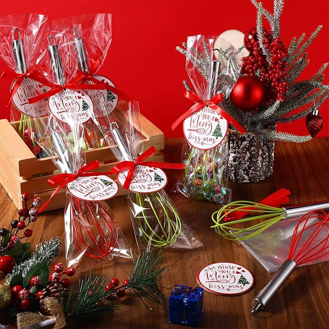 6 Sets 12 Inch Christmas Whisks Gifts DIY Fillable Christmas Tree Ornaments Xmas Colored Silicone Whisks for Cooking Heat Resistant Egg Beaters with Card Rope Bag for Candy Holder