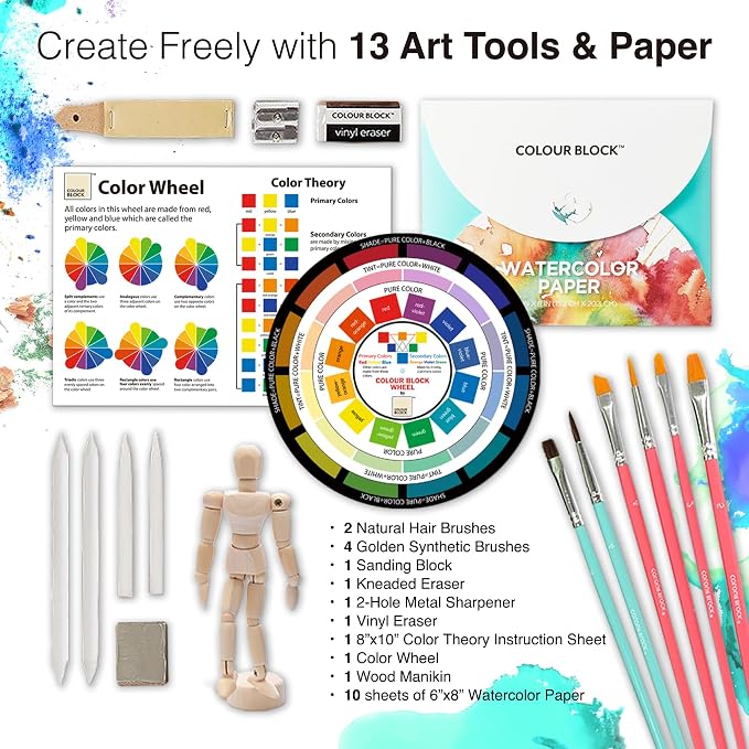 COLOUR BLOCK 181-Piece Mixed Media Art Set in Wooden Case, Deluxe Drawing Set and Professional Art Supplies for Adults, Art Kit for Drawing, Sketching, Painting with 12 Mediums, 11 Tools and Paper