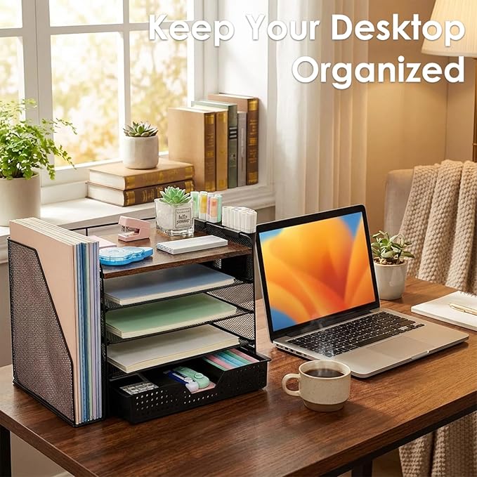 OPNICE Desk Organizer, 5-Tier Paper File Organizer with Drawer & Pen Holder, Office Desk Accessories, Workspace Desktop Organizer for Office Supplies(Brown Wood)