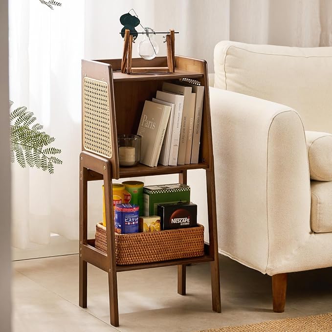 Welnow Bamboo Rattan Bookcase with Cabinet, 1-Tier Storage Shelf with Side Table & End Table Function, Large Modern Wood Organizer for Living Room or Bedroom, Walnut Bookshelf