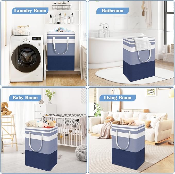 BlissTotes 3-Pack Laundry Basket, Freestanding＆Waterproof Laundry Hamper, Collapsible Tall Clothes Hamper with Easy Carry Handles for Clothes, Towels in the Family and Dorm,Gradient Blue,100L