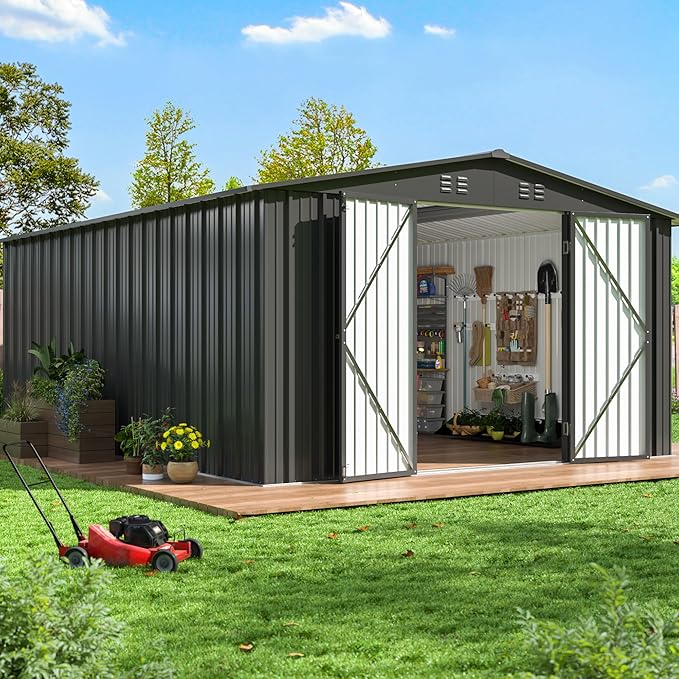 14X12 FT Outdoor Storage Shed, Metal Garden Tool Shed with Updated Frame Structure and Lockable Doors, Ideal for Backyard Garden Patio Lawn