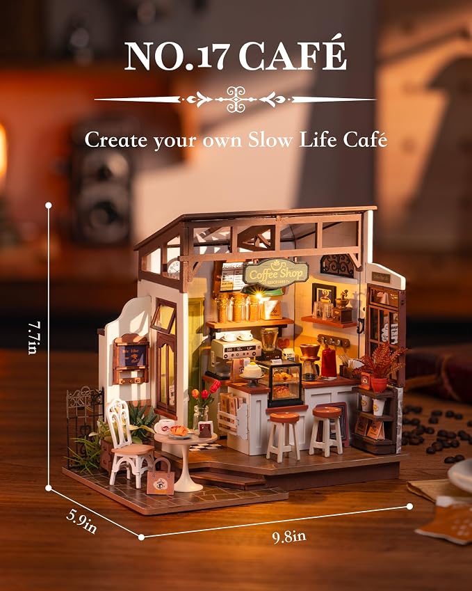 Rolife Miniature Dollhouse Kit, Coffee Shop Miniature Dollhouse Kits for Adults to Build, Wooden Mini House Model with LED Lights DIY Crafts Birthday Gifts and Hobbies Home Decor for Family Friends