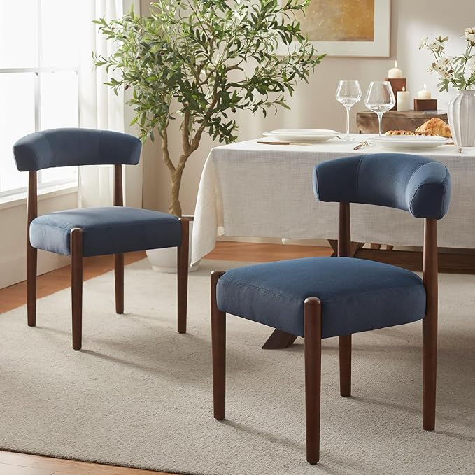 VKNOW Wooden Dining Chairs Set of 4, Modern Upholstered Dining Room Chairs with Walnut Wood Legs and Curved Backrest, Fabric Kitchen Chairs for Farmhouse/Dining Room, Blue