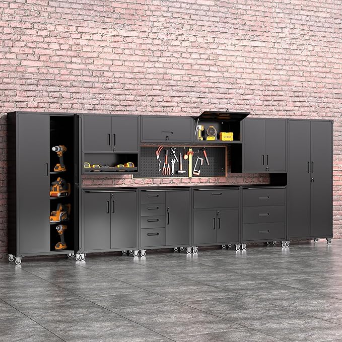 5 PCS Garage Storage Cabinets System Heavy Duty Workshop Set with Drawers Locking Rolling Cart with Adjustable Shelves Garage Tool Workbench Cabinets (5 PCS-2,Black)
