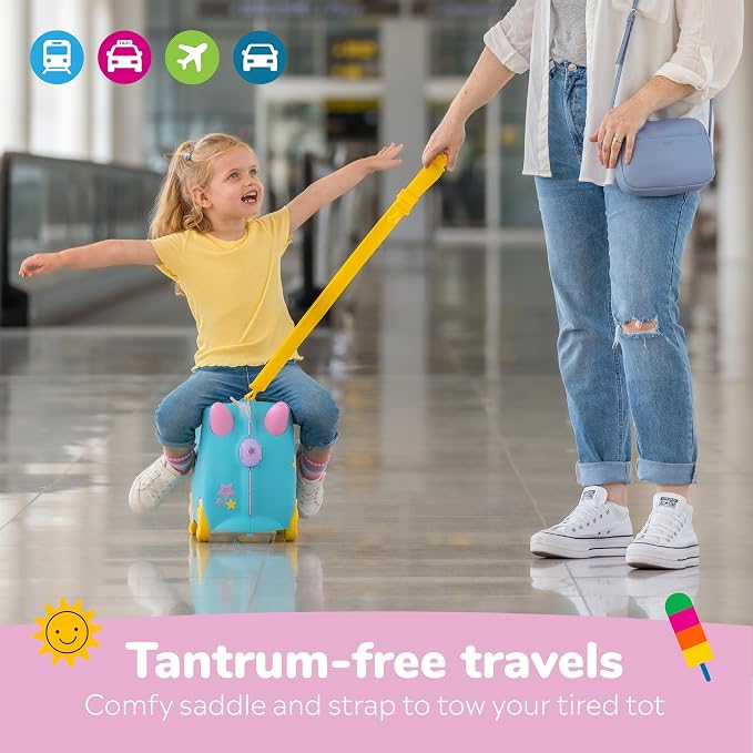 Trunki Ride-On Kids Suitcase | Tow-Along Toddler Luggage | Carry-On Cute Bag with Wheels | Kids Luggage and Airplane Travel Essentials: Una Unicorn Turquoise