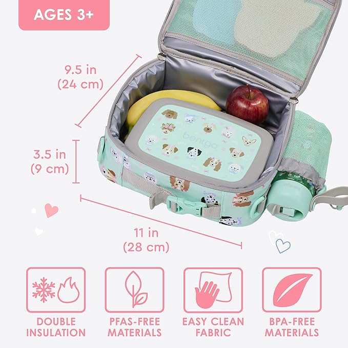Bentgo Kids Lunch Bag - Durable, Double-Insulated Lunch Bag for Kids 3+; Holds Lunch Box, Water Bottle, & Snacks; Easy-Clean Water-Resistant Fabric & Multiple Zippered Pockets (Puppy Love)