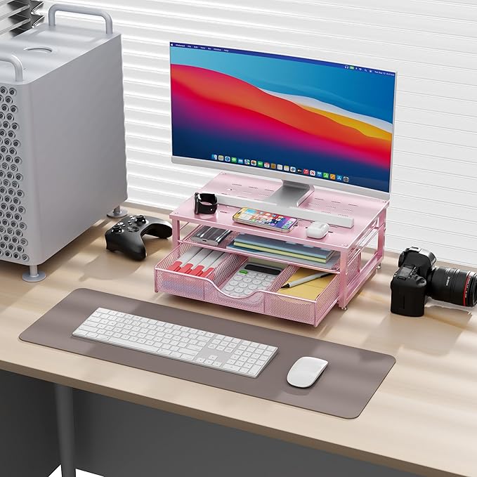 gianotter Computer Monitor Stand Riser, office organizer with Drawer, Office Organizers Storage for Classroom Office Supplies (Pink)