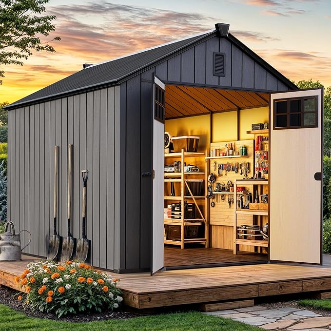 YITAHOME 8x10 FT Outdoor Storage Shed with Floor, Extra Thick Plastic Garden Shed for Bikes, Tools and Pool Supplies, Outdoor Resin Shed with Door Window Insert, Vents for Patio, Backyard, Black