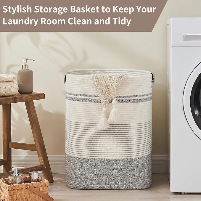 Laundry Basket with Handles - Blanket Basket & Hampers for Bedroom Aesthetic, Laundry Hamper & Blanket Storage for Living Room, Clothes Hamper, Tall, Large 17" x 14" x 22”, Grey & White