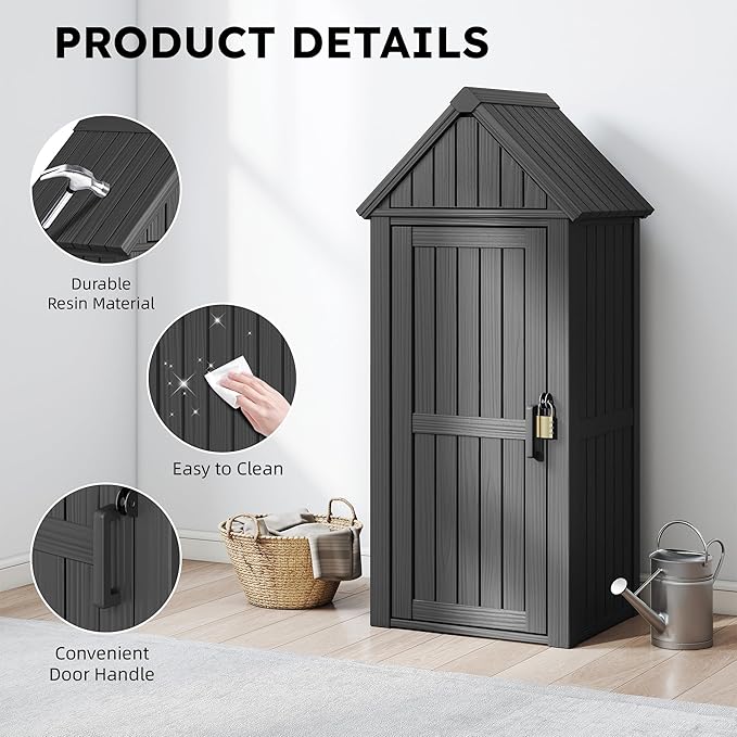 Outdoor Storage Shed - Waterproof Resin Outdoor Storage Cabinet with Removable Shelves & 12 Hooks, Lockable All-Weather Storage for Garden Tools, Grilling Supplies, Classic Black