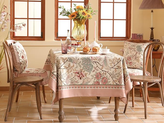 patdrea Designer Pink Linen Table Cloth for Rectangle Table,Vintage Floral with Birds Pattern Decorative Tablcloth,French Table Cover for Kitchen Dining,Thanksgiving,Christmas,55"x87"-Kulom a