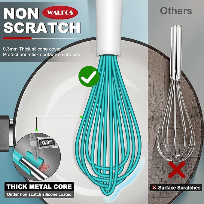 Walfos Whisk,Silicone Whis, Non Scratch Coated Wisking tool silicone set of 5,BPA Free and Heat Resistant 480°F.Premium for Whisking, Blending, Frothing, Beating.(Blue)