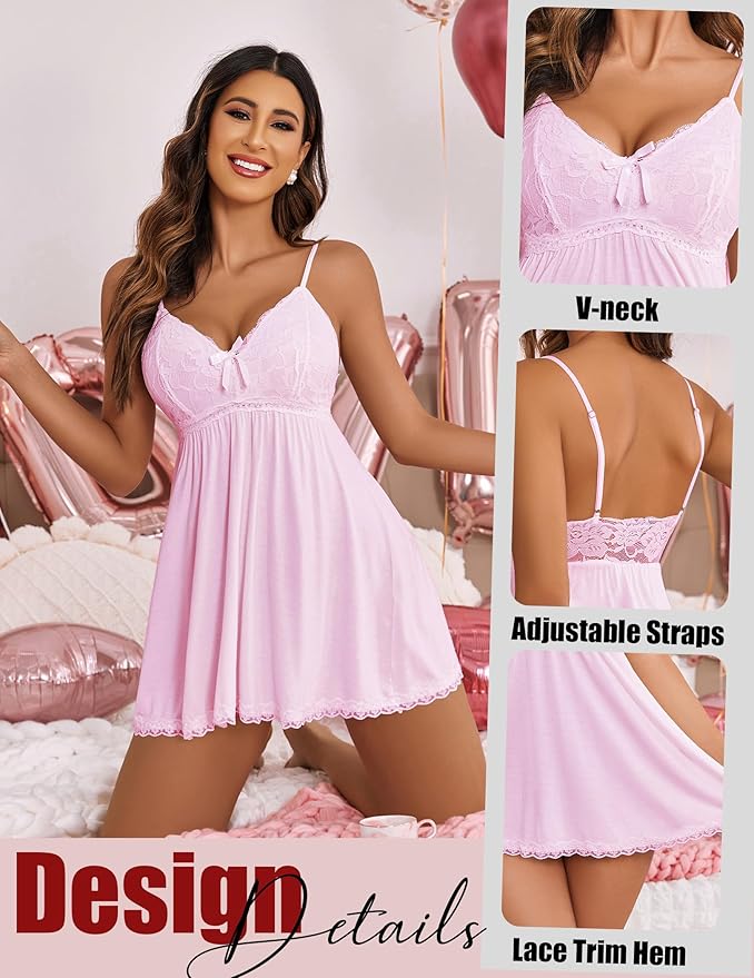 Avidlove Women Nightgown Sexy Sleepwear Lace Chemise V-neck Modal Babydoll Lounge Dress