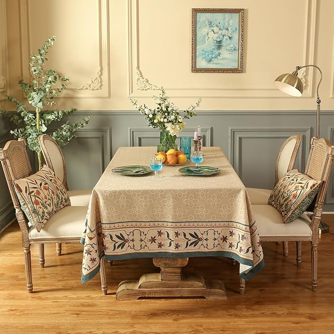 patdrea Designer Beige French Linen Small Tablecloth for Square Table,Anti-Wrinkle Durable Floral Table Cloth,Decor Cover for Kitchen Dining,Tea Party,Christmas,Thanksgiving,55"x55"-Fram