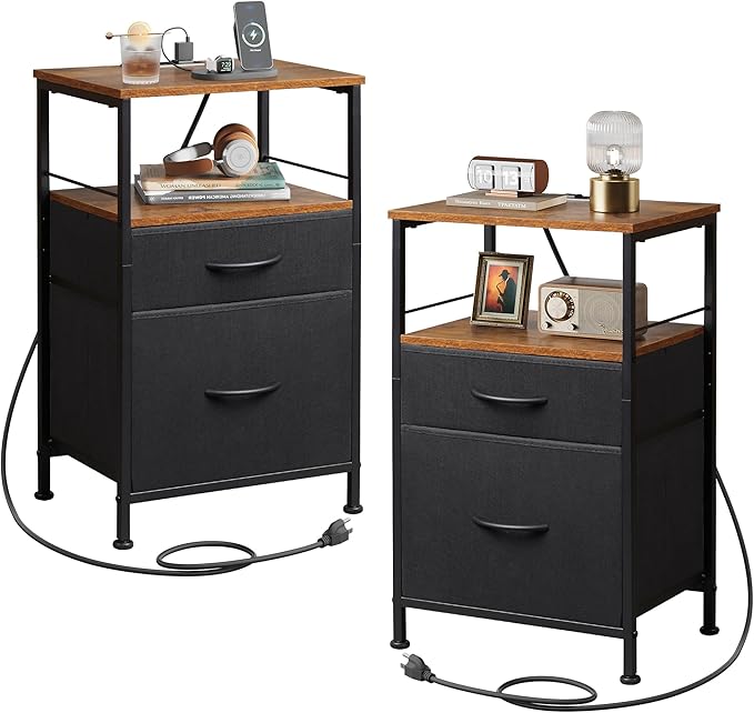 WLIVE Nightstands Set of 2, Night Stand Set 2 with Charging Station, Bedside Tables for Bedroom, Side Table with 2 Fabric Drawers, Small Dresser, USB Ports and Outlets, Black and Rustic Brown