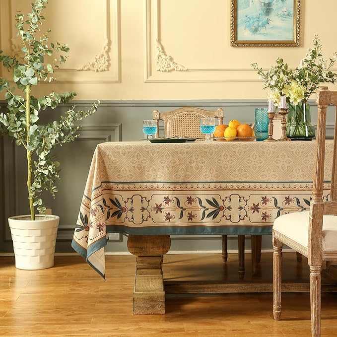 patdrea Designer French Linen Tablecloth for Rectangle Table,Beige Anti-Wrinkle Durable Floral Farmhouse Table Cloth,Decor Covers for Kitchen Dining,Tea Party,Christmas,Thanksgiving,63"x87"-Fram