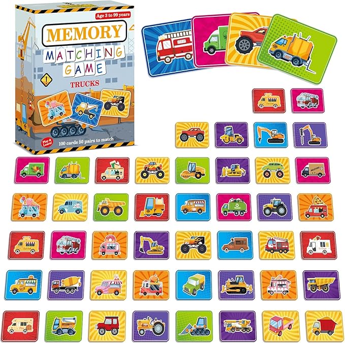 gisgfim 100 PCS Memory Matching Game Trucks Concentration Memory Card Games for Kids Preschool Educational Ages 3-8 A Fun & Fast Vehicle Theme Matching Games