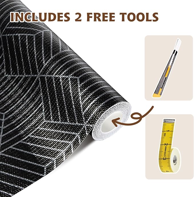 Shelf Liners for Kitchen Cabinets 12in x 20FT, Non Adhesive Cabinet Liner Strong Non-Slip Black and Silver Geometric Drawer Liner, Easy to Clean for Shelf, Cabinet with Knife and Tape Measure