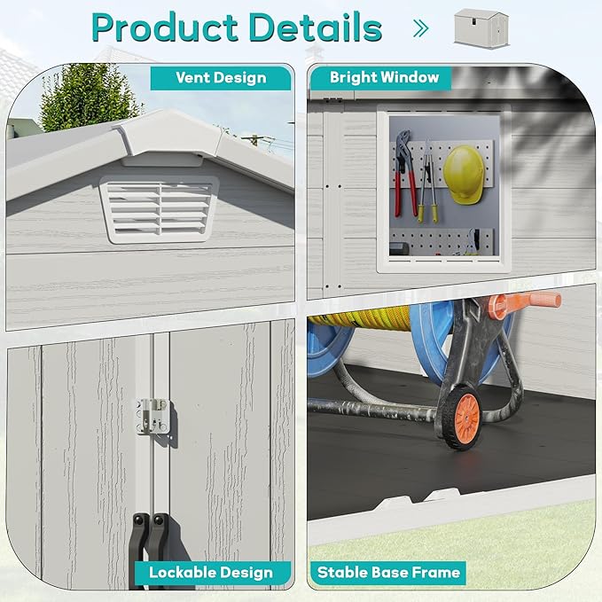Greesum 6×10FT Plastic Outdoor Storage Shed with Floor, Resin Storaged Sheds with Lockable Double Door, Windows & Vents, All-Weather Tool Sheds for Garden, Backyard, Patio, Light Gray