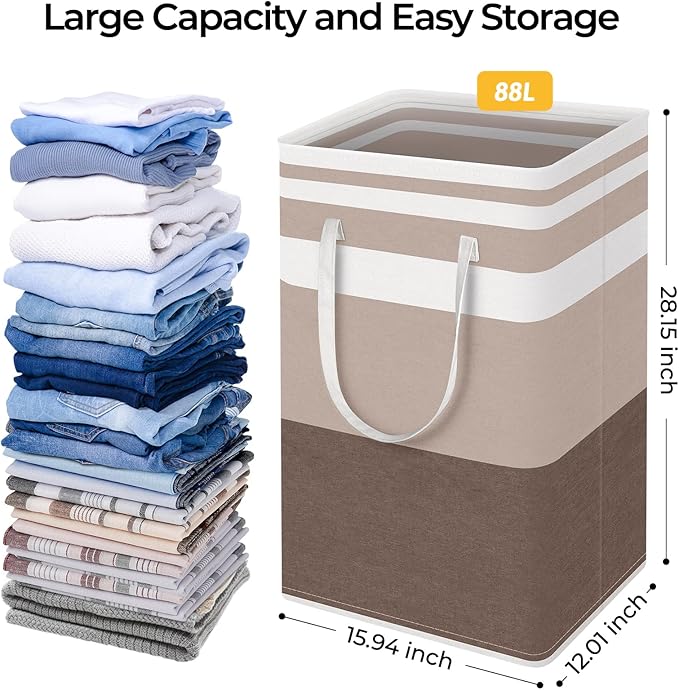 HomeHacks 2-Pack Large Laundry Basket, Waterproof, Freestanding Laundry Hamper, Collapsible Tall Clothes Hamper with Extended Handles for Clothes Toys in the Dorm and Family (Brown, 88L)