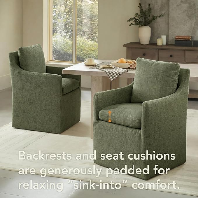 Upholstered Dining Chairs with Casters, No Assembly Modern Accent Armchair with Rollers for Dining Room, Bedroom, Living Room, Reading Room, Already Assembled, Green, 4 Box