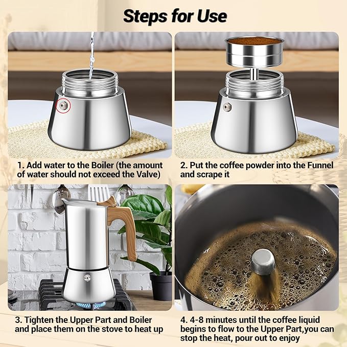 No Coating 6 Cup Moka Pot Thickened 304 Stainless Steel Stovetop Espresso Coffee Maker 300ml 10.1oz Mocha Percolator Greca Cuban Ideal for Making Rich Authentic Italian Café