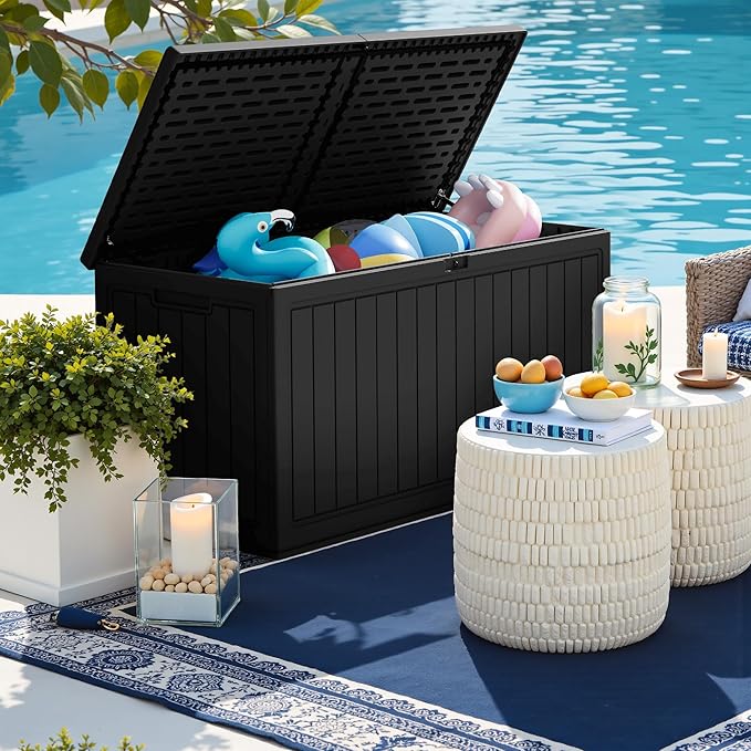 Greesum 260 Gallon HDPE Outdoor Storage Box - Waterproof, Large Capacity Deck Box with Removable Dividers for Patio, Yard, Garden Tools, Black