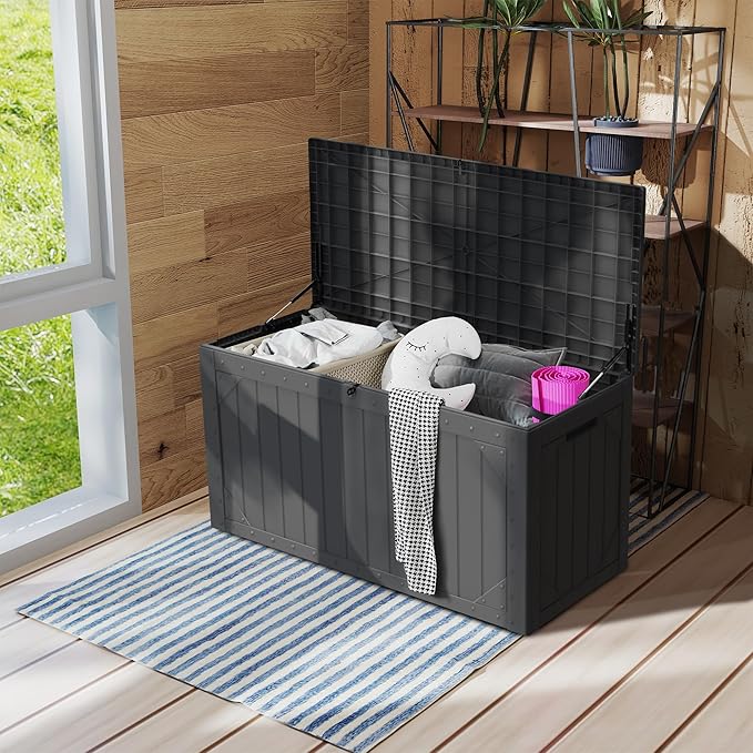 Outdoor Storage Deck Box Waterproof, 100 Gallon Large Lockable Patio Storage Bin Chest, Resin Outside Container Seat Bench for Furniture Cushions, Pool Accessories, Garden Tools & Delivery, Black