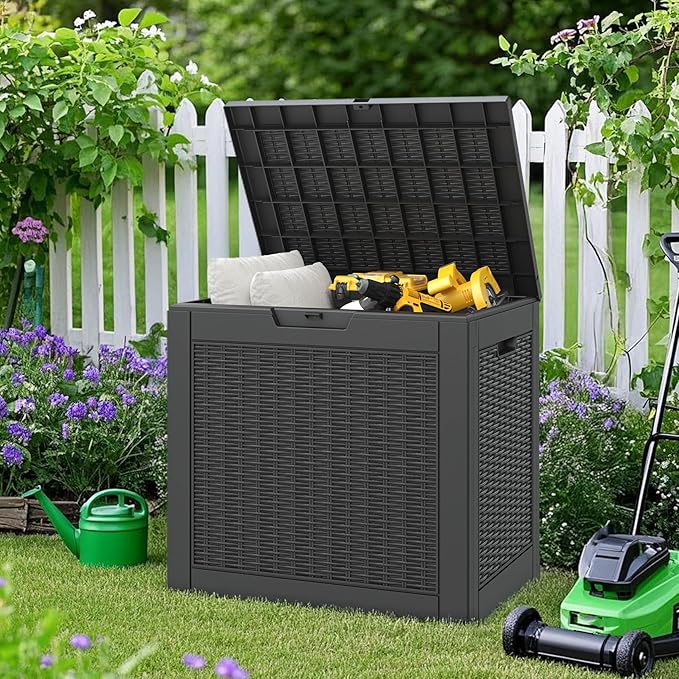 NUNU LAB 31 Gallon Outdoor Storage Box Waterproof, Outside Package Delivery Deck Boxes with Lockable Lid, Backyard Storage Bin For Garden Tools, Patio Cushions Accessories, Black