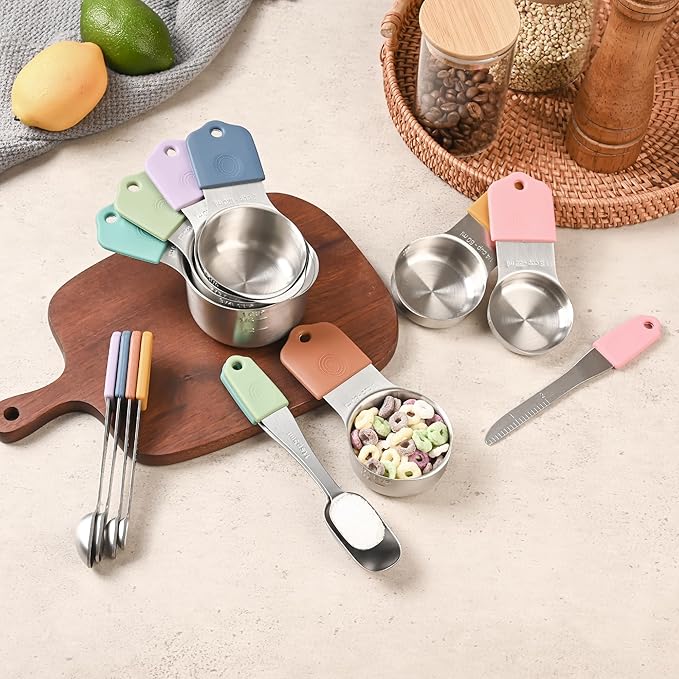 Magnetic Measuring Cups and Spoons Set 14, Stainless Steel Measuring Cups and Spoons Set for Dry & Liquid, Heavy Duty Metric Measuring cups & Spoons with Leveler for Baking & Cooking, Color