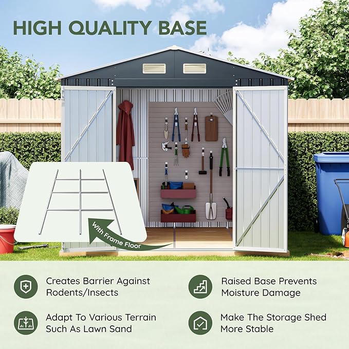 Breezz 10X8FT Outdoor Steel Storage Shed with Clear Window, Lockable Doors, Frame Floor,Weather-Resistant Metal Tool Shed for Garden, Backyard, Patio, and Utility Storage