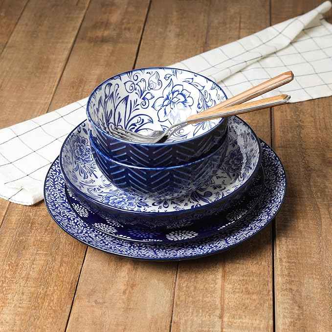 Selamica Dinnerware Sets 16 Piece, Ceramic Plates and Bowls Set, Embossed Dishes Set for 4, Housewarming, Dark Blue