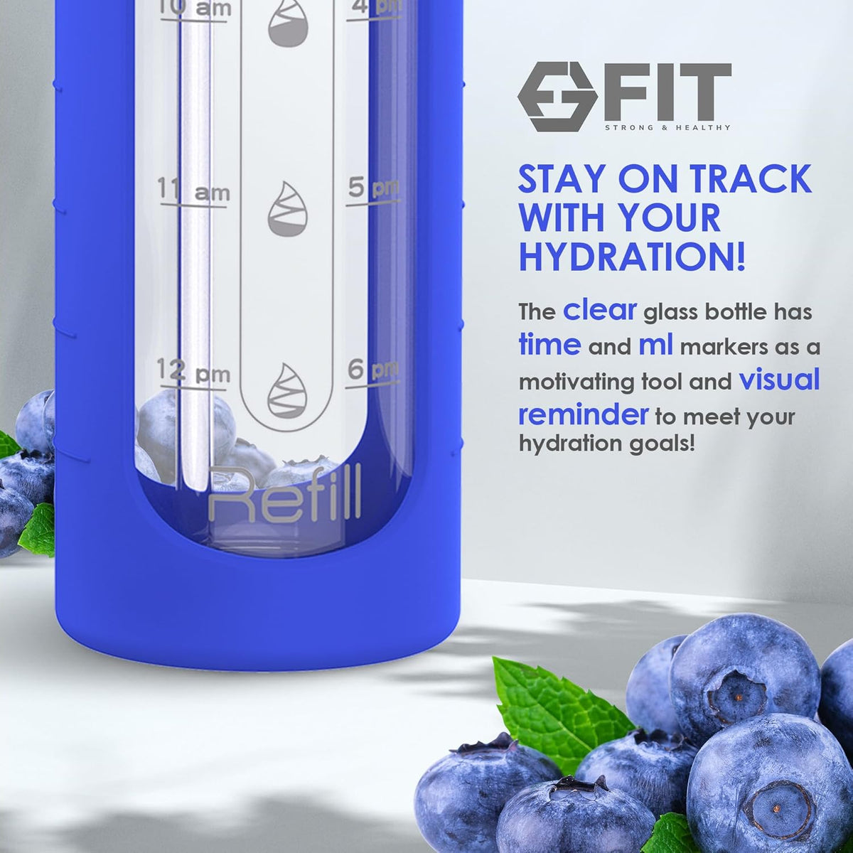 FIT Strong & Healthy 32 oz Glass Water Bottle with Straw Lid, Time Marker, Sleeve & Extra Lid - Motivational, Wide Mouth 1 Liter Glass Drinking Bottle
