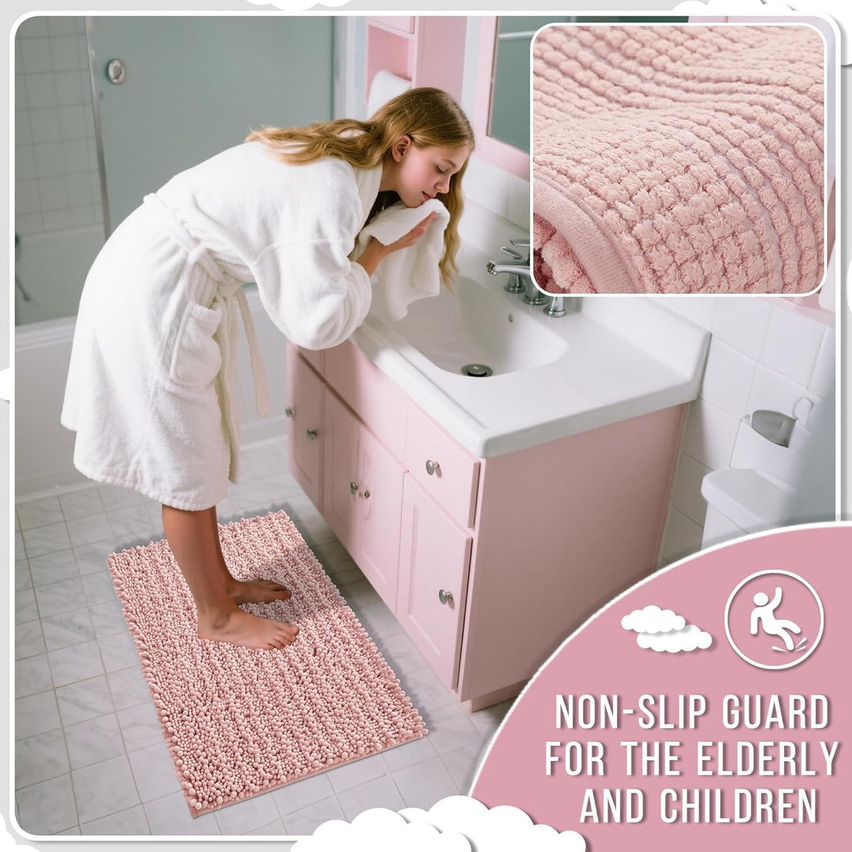 Yimobra Large Bathroom Rugs Non Slip Washable 36x24 Inch - Ultra Soft Absorbent Chenille Bath Mat, Quick Dry Shaggy Floor Carpet for Tub Shower, Light Pink Home Decor Accessories
