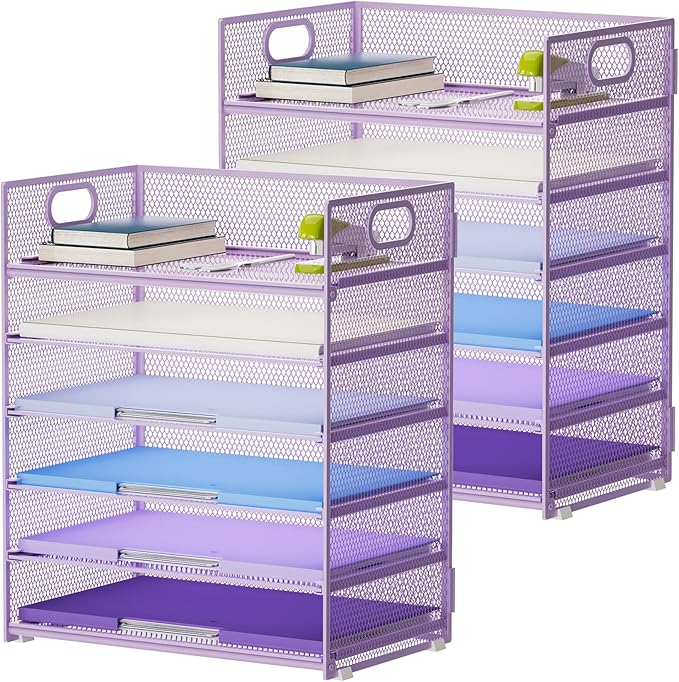 Marbrasse 2 Pack Desk Organizer with Handle, 6 Tier Paper Letter Tray, Mesh Desk File Organizer for Office, School and Home - Purple