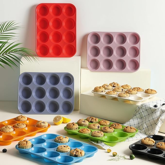 2 Pack 12 Cups Silicone Muffin Pan with Metal Reinforced Frame Regular Size Silicone Molds Cupcake Cake Baking Pans Cookie Baking Chocoflan Cupcake Mold Muffin Tin Tart Pans Necessities Cookware