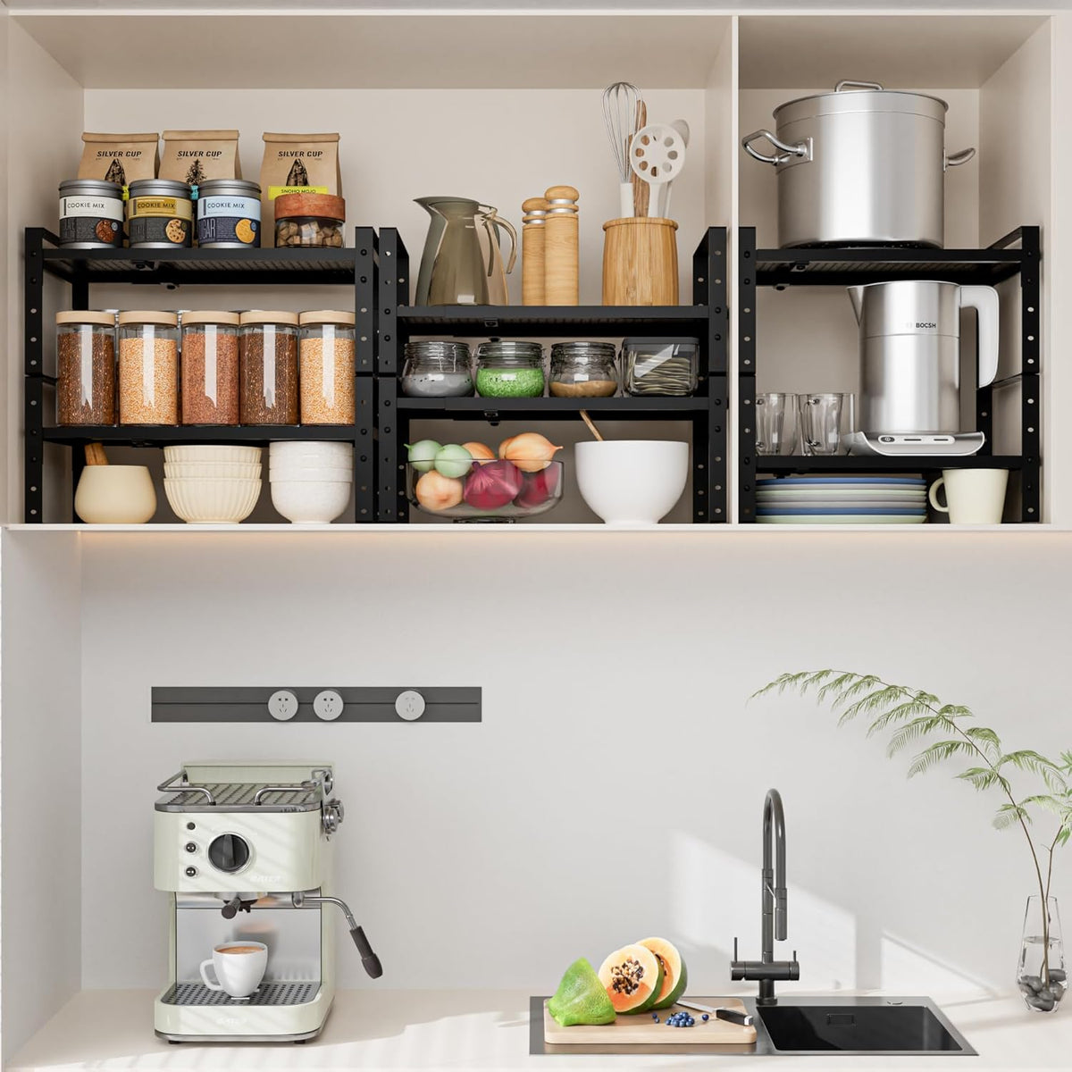 Expandable,Adjustable & Stackable Spice Rack, Cabinet Kitchen Countertop Shelf Organizer,Metal Pantry Storage Shelves - Space-Saving Storage Solution(2Packs/Black/Medium)
