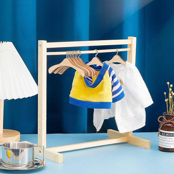 Civaner 11 Pcs Doll Garment Rack with Wooden Clothes Hanger for 18 Inch Girl Doll Clothes Mini Hangers Wardrobe Furniture Accessories for Dollhouse Baby Shower Supplies (Wood)