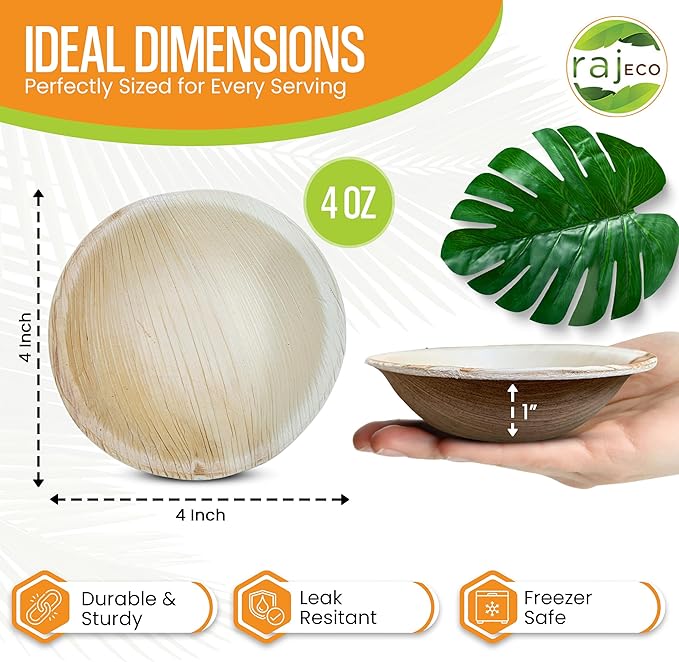 Raj Disposable Palm Leaf Bulk Bowls (200 Count, 4" Bowls) Strong Bowl Like Bamboo Party Bowl - Decorative Compostable Tableware for Lunch, Dinner, Birthday, Outdoor, BBQ, Picnic, Parties