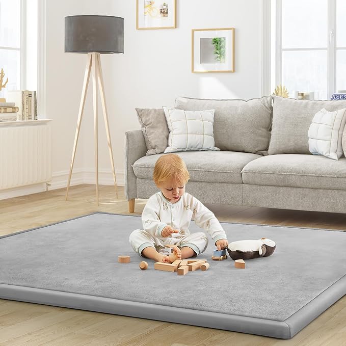 Baby Play Mat for Floor Nursery Rug Muscle Mat Area Rug Playroom Rug 59"x59" Playpen Mat Elastic Foam 1.3" Thick Crawling Mat for Babies,Toddlers, Infants, Kids,A Light Gray