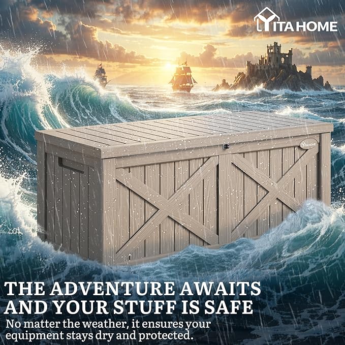 YITAHOME 150 Gallon Large Deck Box with X-Shaped Front, Resin Outdoor Storage Boxes, Waterproof Cushion Storage Bench for Patio, Pool Supplies, Garden Tools - Lockable, Taupe
