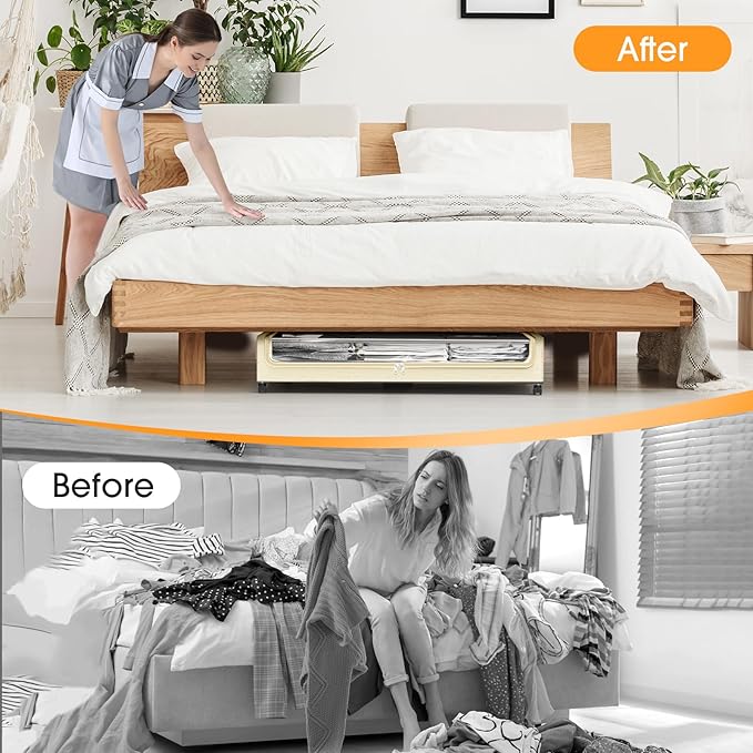 Under Bed Storage with Wheels 1Pack Underbed Storage with Clear Window&Label Under Bed Drawers Large Capacity Rolling Under Bed Storage for Clothes,Shoes, Blankets (Beige)
