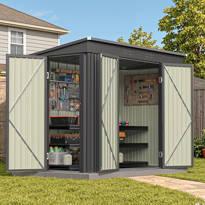 Patiowell 8x4 FT Outdoor Storage Shed, Heavy Duty Tool Metal Sheds with 3 Lockable Doors and Updated Frame Structure for Backyard Patio Lawn, Black