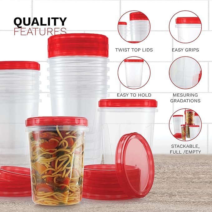 Freezer Containers for Food [32 Oz - 10 Pack] Freezer Storage Containers with Twist Top Lids | Reusable Plastic Soup Containers with Lids | Quart Containers with Screw on Covers | Leakproof, BPA Free