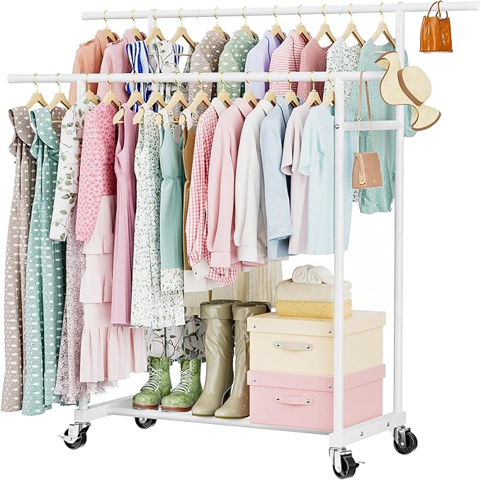 Abiglifty Double Rods Clothes Rack for Hanging Clothes, Clothing Rack with Wheels, Portable Closet Organizer for Laundry, Room (White)
